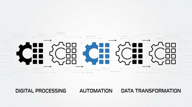 Digital workflow process icons grid, automation transformation, technological progression, minimalist representation, data optimization identity.