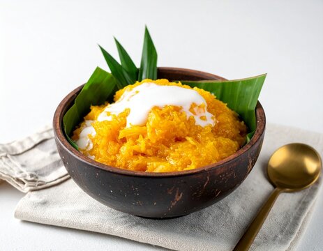 Indonesian traditional dessert bubur ubi gula aren or sweet sweet potato porridge served with coconut milk and pandan leaves in a rustic bowl