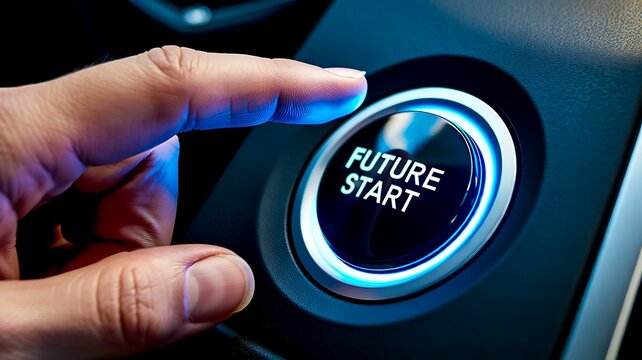 Finger pressing futuristic illuminated start button on modern digital control panel