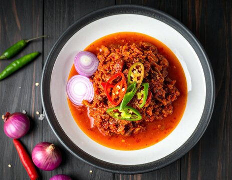 Indonesian Sambal Teri, spicy red anchovy chili relish served in a modern bowl with sliced shallots and chilies