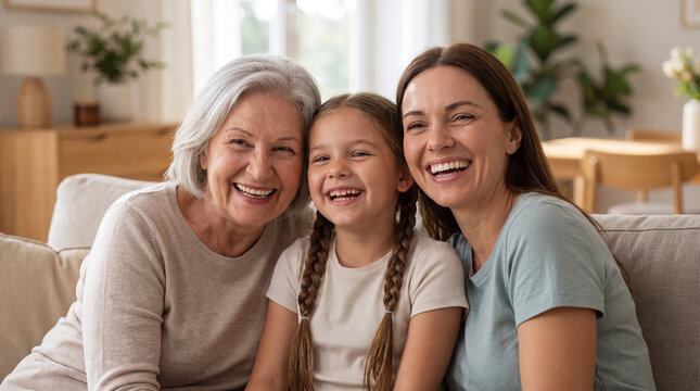 A portrait of a smiling grandmother, mother, and young granddaughter laughing together while sitting on a cozy sofa in a bright, modern living room.