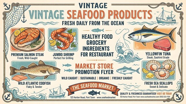Vintage seafood market poster template with fish illustrations
