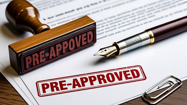 Pre approved document with rubber stamp and legal paperwork on desk
