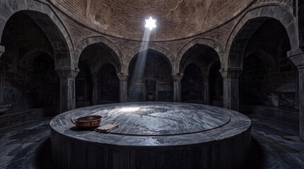 Obraz premium Historic Turkish bath hammam interior with light beam shining on marble slab.