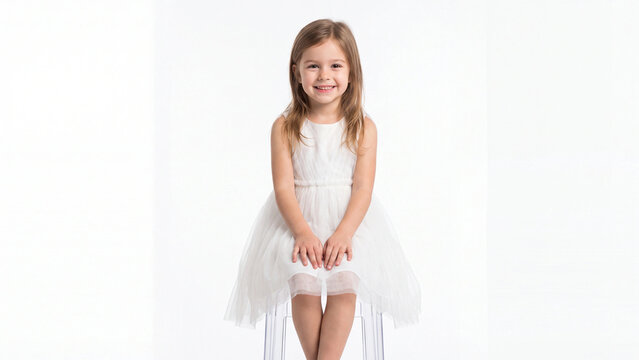 Girl wearing a white dress sits on a stool against a clean studio background while smiling brightly at the camera during a professional portrait session.