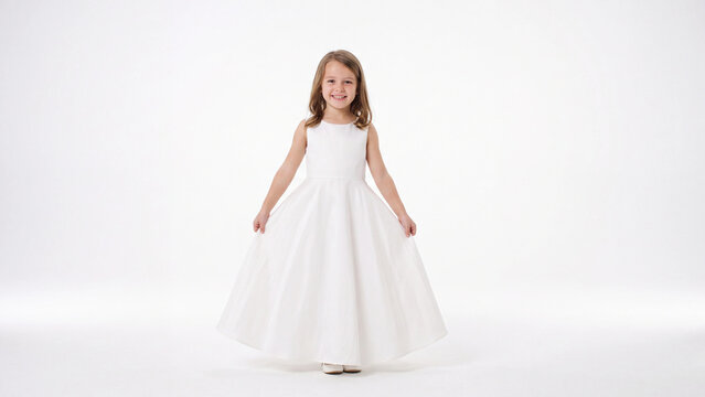 Girl standing in a long white dress poses gracefully against a plain backdrop during a studio photoshoot designed to showcase children's formal apparel.