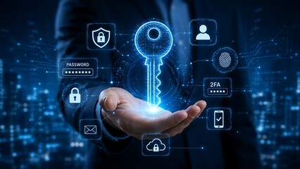 Fototapeta premium Cyber security network and data protection with digital key icon