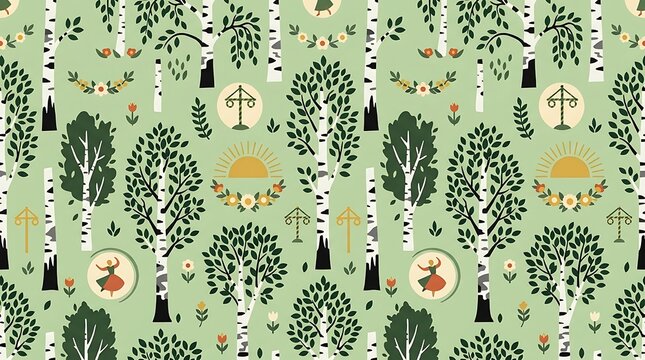 Midsummer folk pattern with birch trees and dancing figures