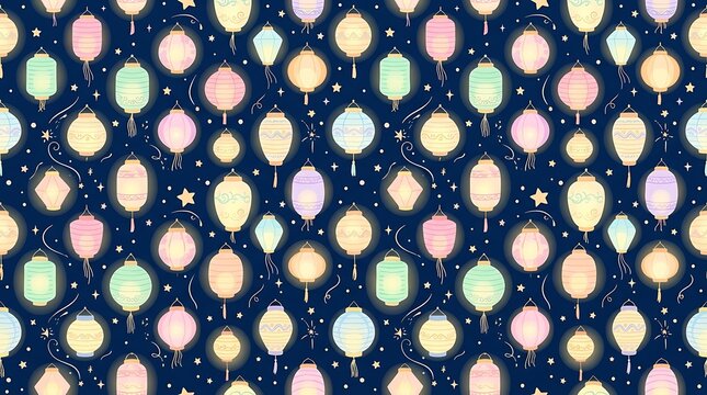 Seamless pattern of glowing colorful lanterns in the night sky