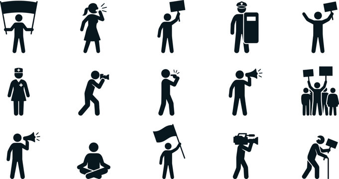 Set of protest and demonstration black silhouette icons.