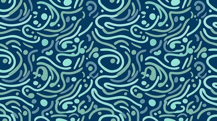 Abstract seamless pattern with teal and blue wavy lines and dots