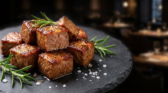 Juicy grilled beef steak cubes seasoned with coarse salt and rosemary twigs served on black slate board in dark restaurant setting.