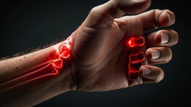 Closeup of human wrist bones highlighting pain and inflammation with clenched fist on dark background