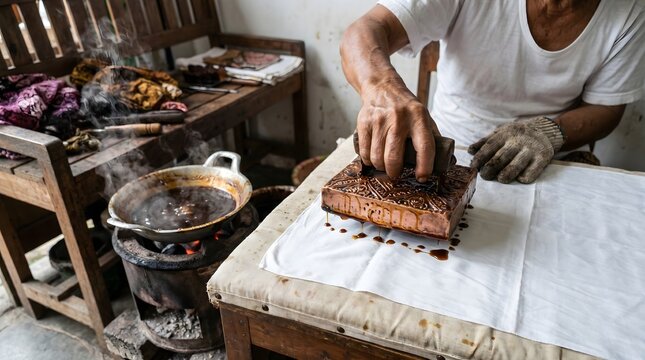 Traditional Craftsman Applying Wax Pattern to Batik Fabric