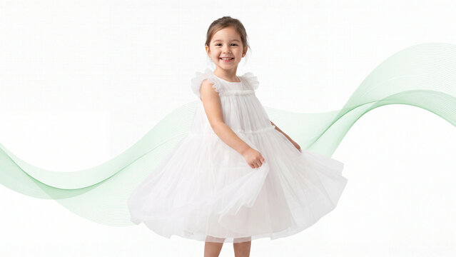 Girl twirls in a fluffy white dress while smiling happily in front of an elegant green ribbon graphic set against a bright, minimalist studio background.
