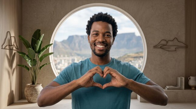 Smiling Man Making Heart Gesture Symbolizing Love, Kindness and Human Connection