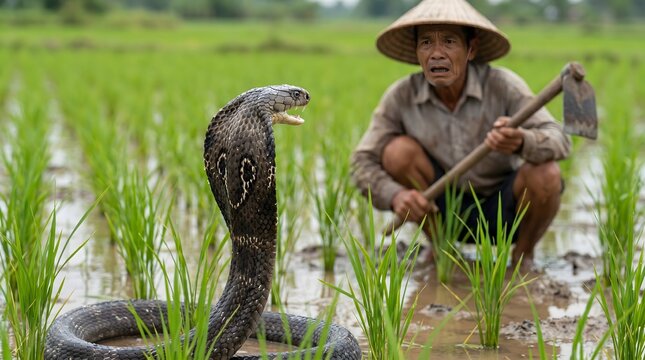 Farmer facing king cobra in green rice paddy field
