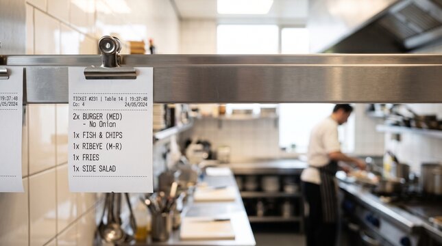 Restaurant order ticket hanging on metal rail in commercial kitchen