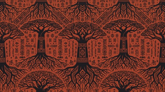 African pattern baobab tree roots symbols dark orange backdrop with backdrop mudcloth geometric ornamental decorative