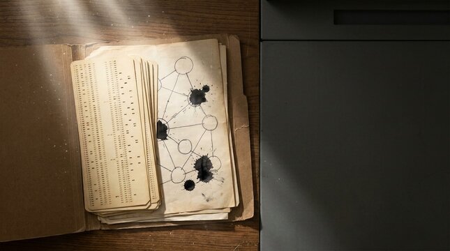 Vintage computing punch cards and hand drawn neural network diagram in old manila folder on wooden desk