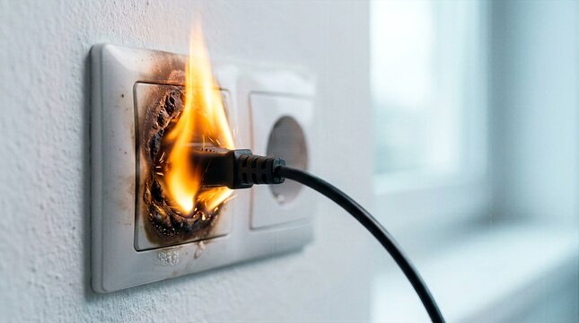 Electrical house fire starting from a short circuit in a plugged black power cord at a white wall socket