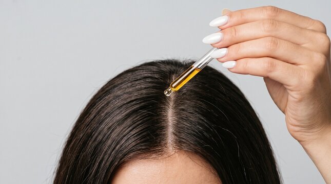 A close up shot of a woman applying golden nourishing oil from a glass dropper onto her dark brown hair roots to promote healthy growth and provide deep scalp hydration.