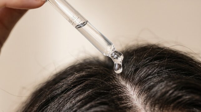 A clear glass dropper holds a drop of hydrating serum or oil positioned above thick dark human hair for a professional cosmetic scalp treatment in a bright clean studio environment.