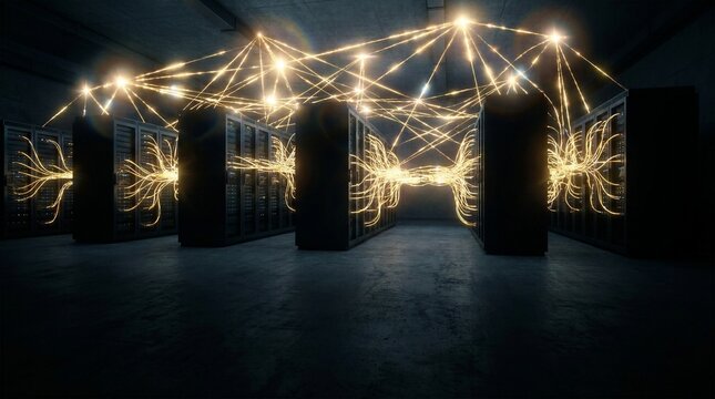 Futuristic data center with glowing fiber optic connections and cloud network.