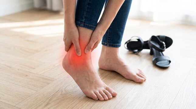 A woman suffering from severe ankle pain holds her swollen foot while wearing blue jeans in a bright room as she removes her uncomfortable black high heel strapped sandals today.