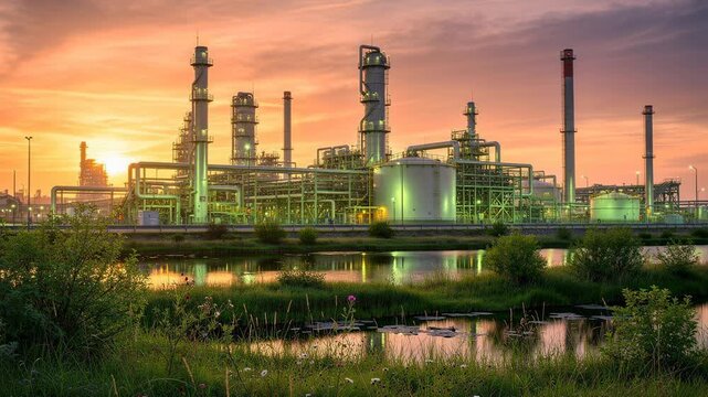 Industrial refinery complex with green plants and water reflection at sunset vibrant sky