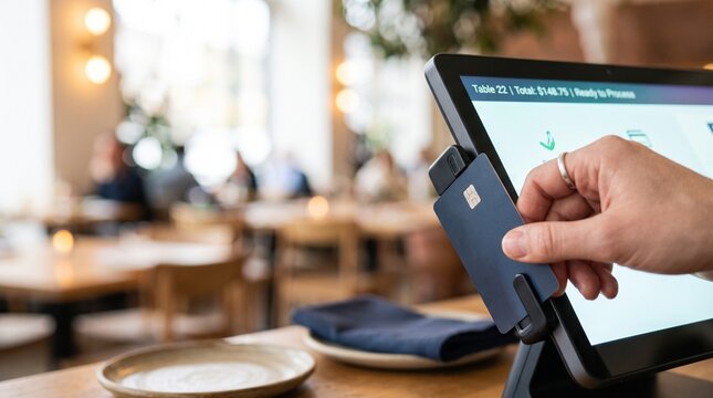Customer paying bill with credit card at restaurant POS terminal