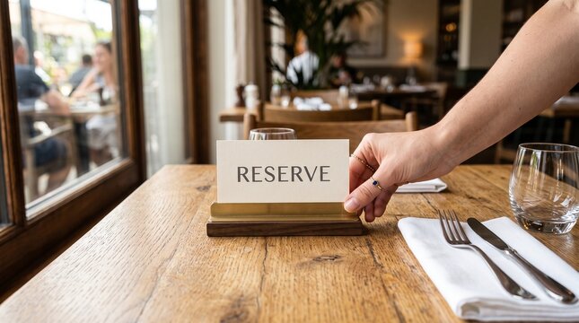 Hand placing reserve sign on wooden restaurant table