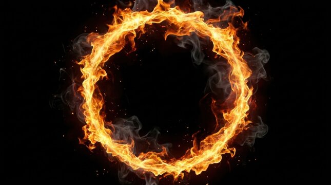 Glowing fiery ring of fire with smoke and flying sparks isolated on black background