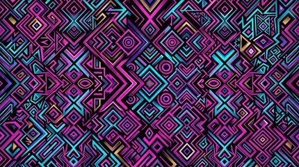 African pattern neon geometric abstract digital art with geometric abstract colorful symmetry background wallpaper © madu