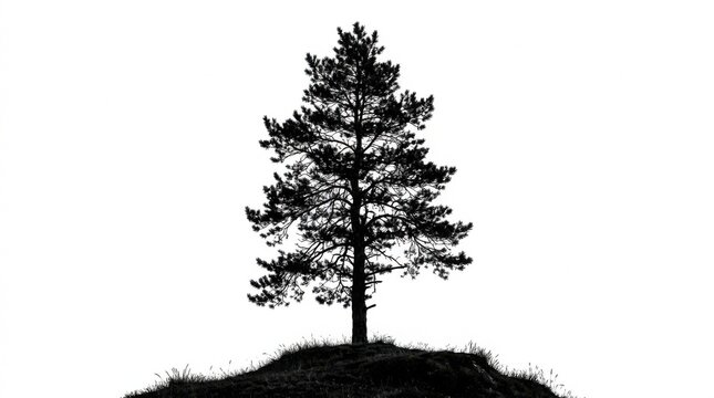 Silhouette of a solitary pine tree standing on a hill against a stark white background