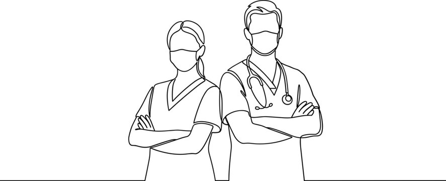 Continuous line art illustration of a male and female doctor wearing medical masks.