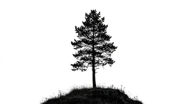 Black silhouette of a single pine tree on a grassy knoll isolated on white background