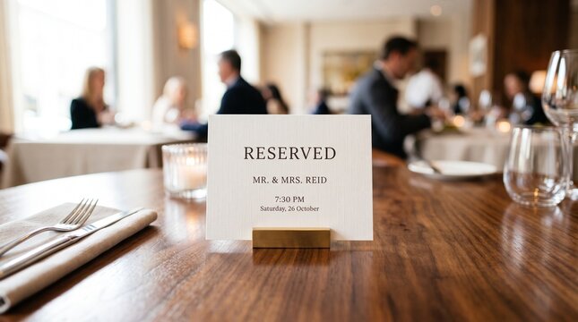 Table reservation card on wooden table in elegant restaurant