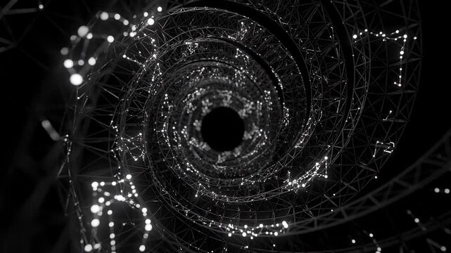 Abstract digital spiral structure with glowing network nodes and connecting lines in black and white