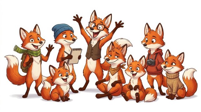 Large group of cute cartoon foxes in various outfits and accessories isolated on white background