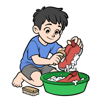Cute cartoon young boy sitting on the floor and washing his red shoes with a wooden brush in a green basin full of soapy foam. Isolated illustration on transparent background for children book layout