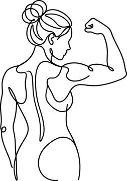Minimalist one line drawing of a muscular woman flexing her arm.