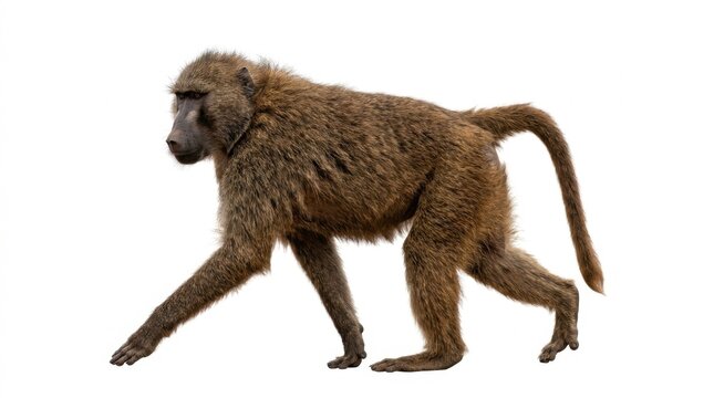 Adult baboon walking side profile isolated on a white background