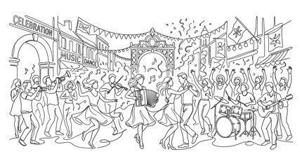 Obraz premium Vibrant Street Festival: People Dancing, Live Music Band, Celebration Atmosphere