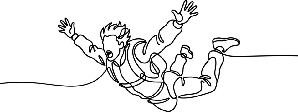 Continuous one line drawing of a person skydiving in the air.