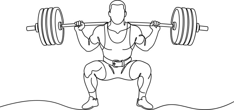 Continuous one line drawing of a bodybuilder performing a barbell back squat.
