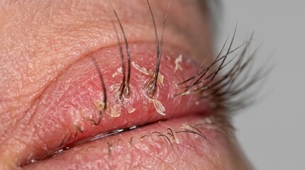 Fototapeta premium Macro view of human eye with blepharitis condition and dry skin flakes on eyelashes