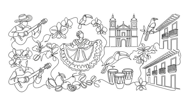 Colombian Culture Collage: Music, Dance, Architecture, Nature, and Coffee