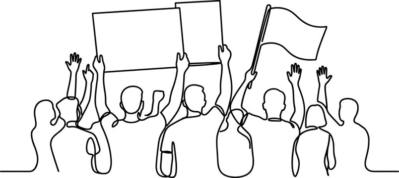 Continuous line drawing of a crowd protesting with signs and flags.