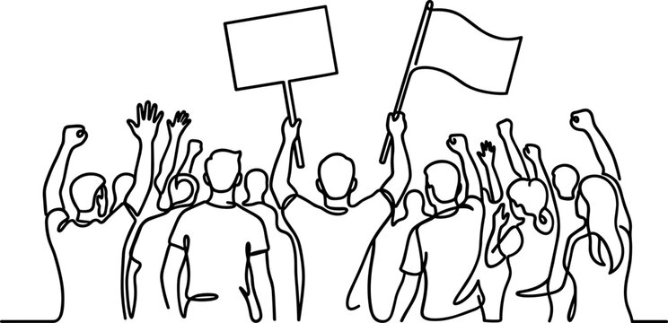 Continuous line drawing of a crowd of protesters with signs and flags.